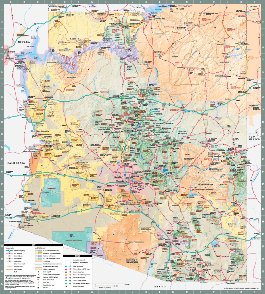 Arizona state map of natural and cultural recreation sites