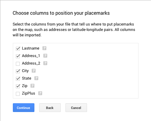 Dialog box for choosing Excel columns for placing markers on map