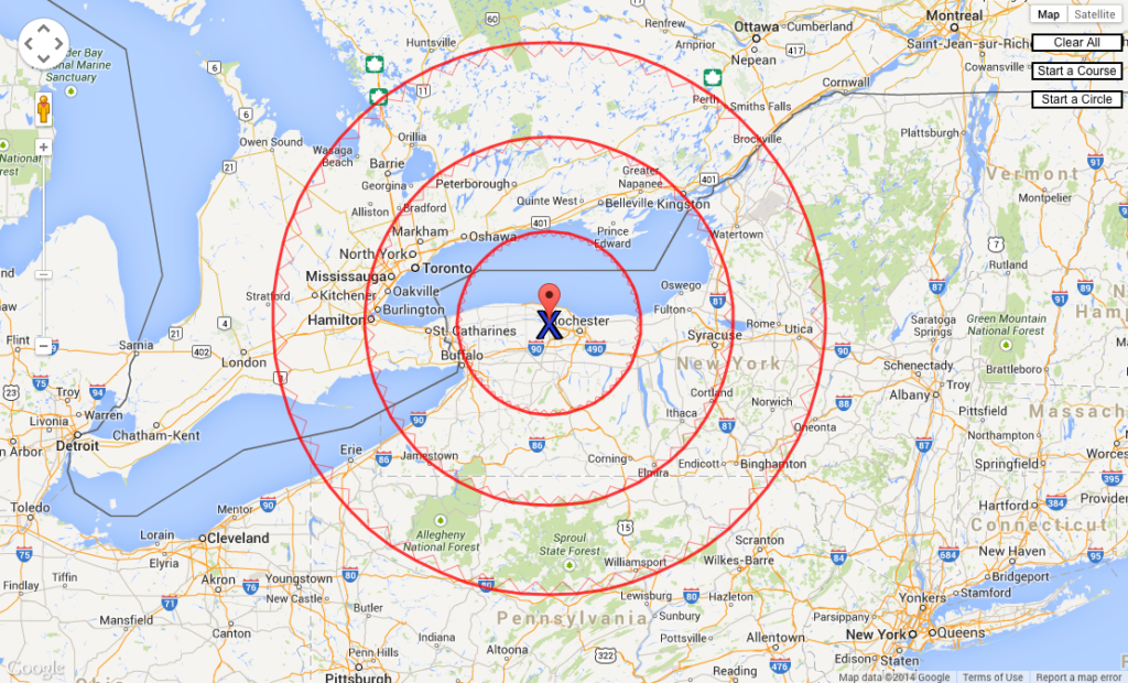 Google Maps image with radius rings on map