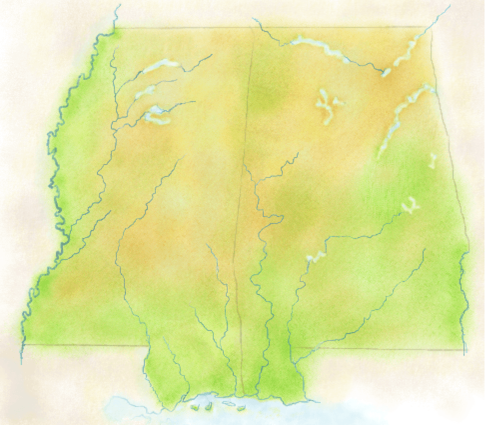Mississippi and Alabama painted in a watercolor style for a map background