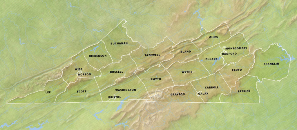 Southern Virginia county map with oil painting style terrain